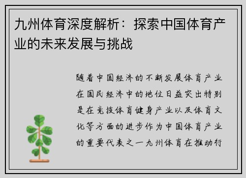 九州体育深度解析：探索中国体育产业的未来发展与挑战